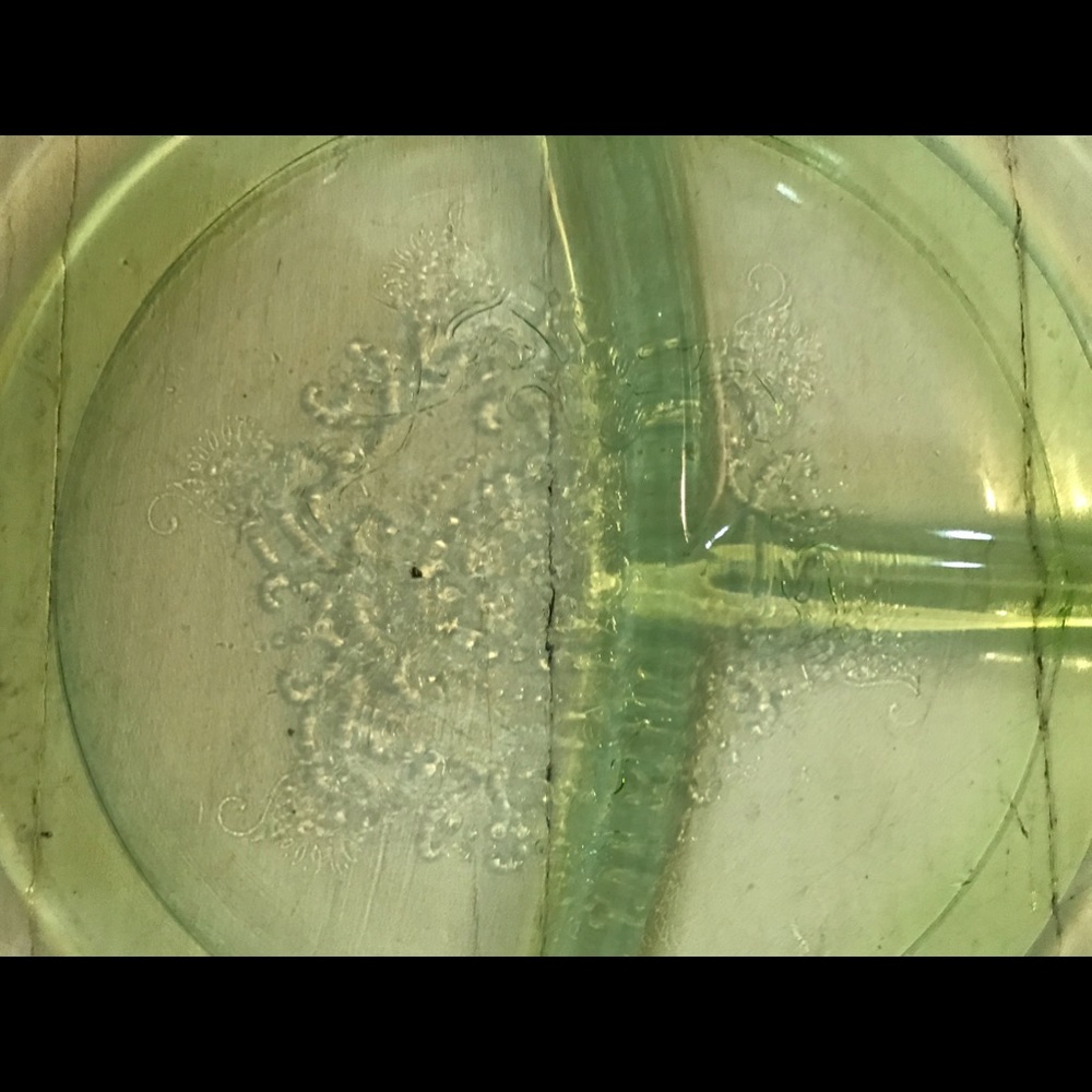 Lot. Four Green depression glass divided plates. No chips. Great condition.